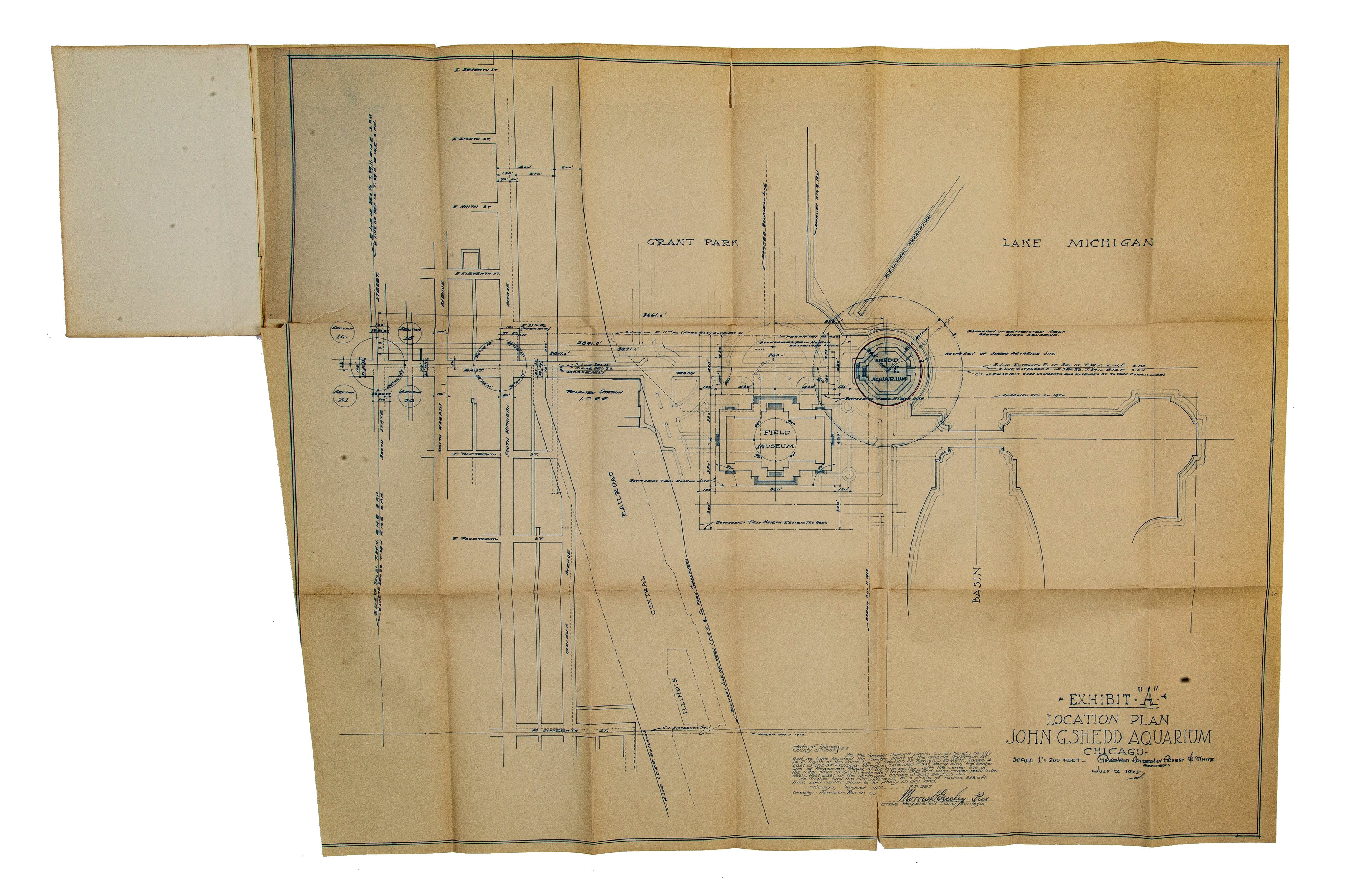 rare 1925 original agreement with fold-out blueprint between shed aquarium society and john g. shedd
