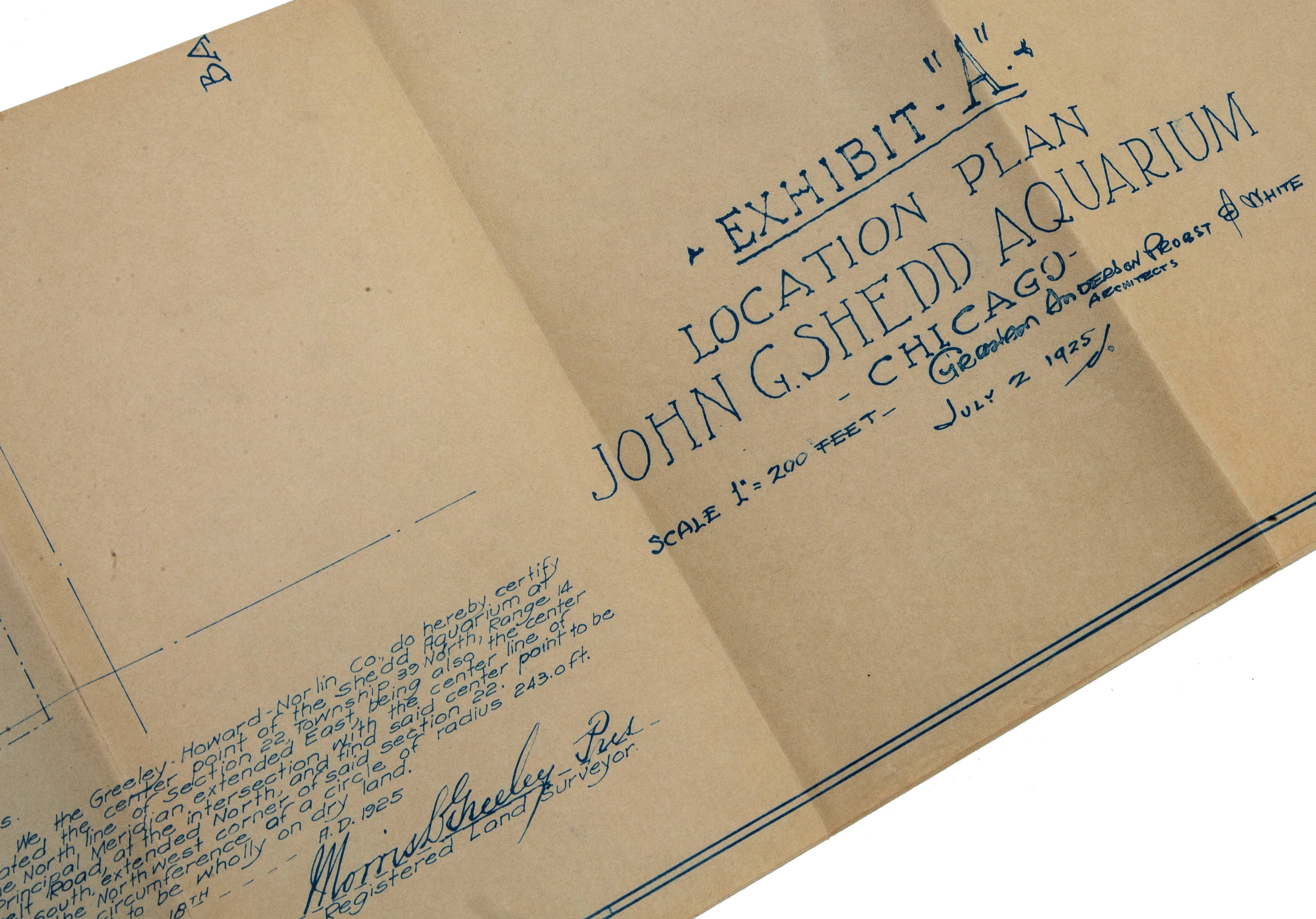 rare 1925 original agreement with fold-out blueprint between shed aquarium society and john g. shedd