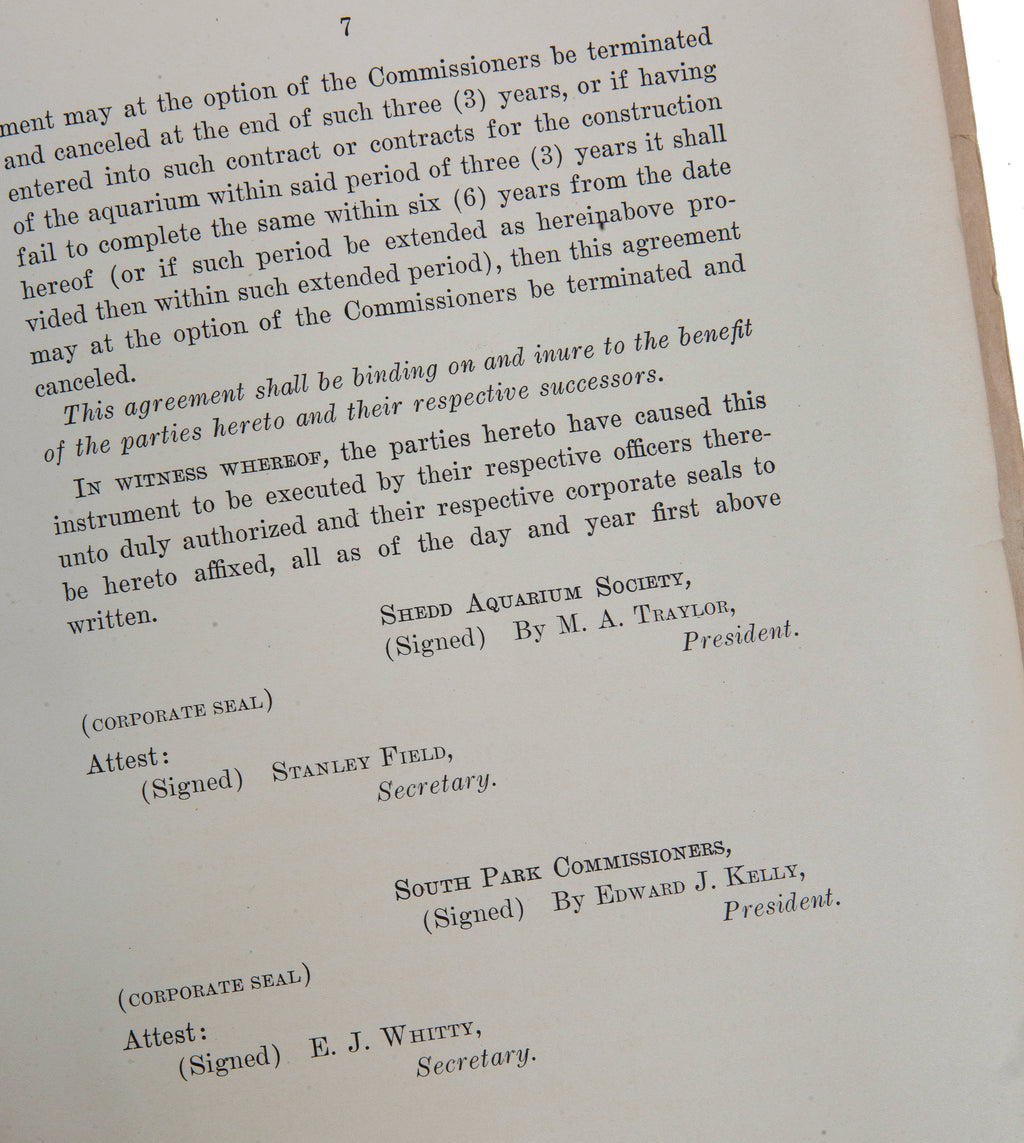 rare 1925 original agreement with fold-out blueprint between shed aquarium society and john g. shedd