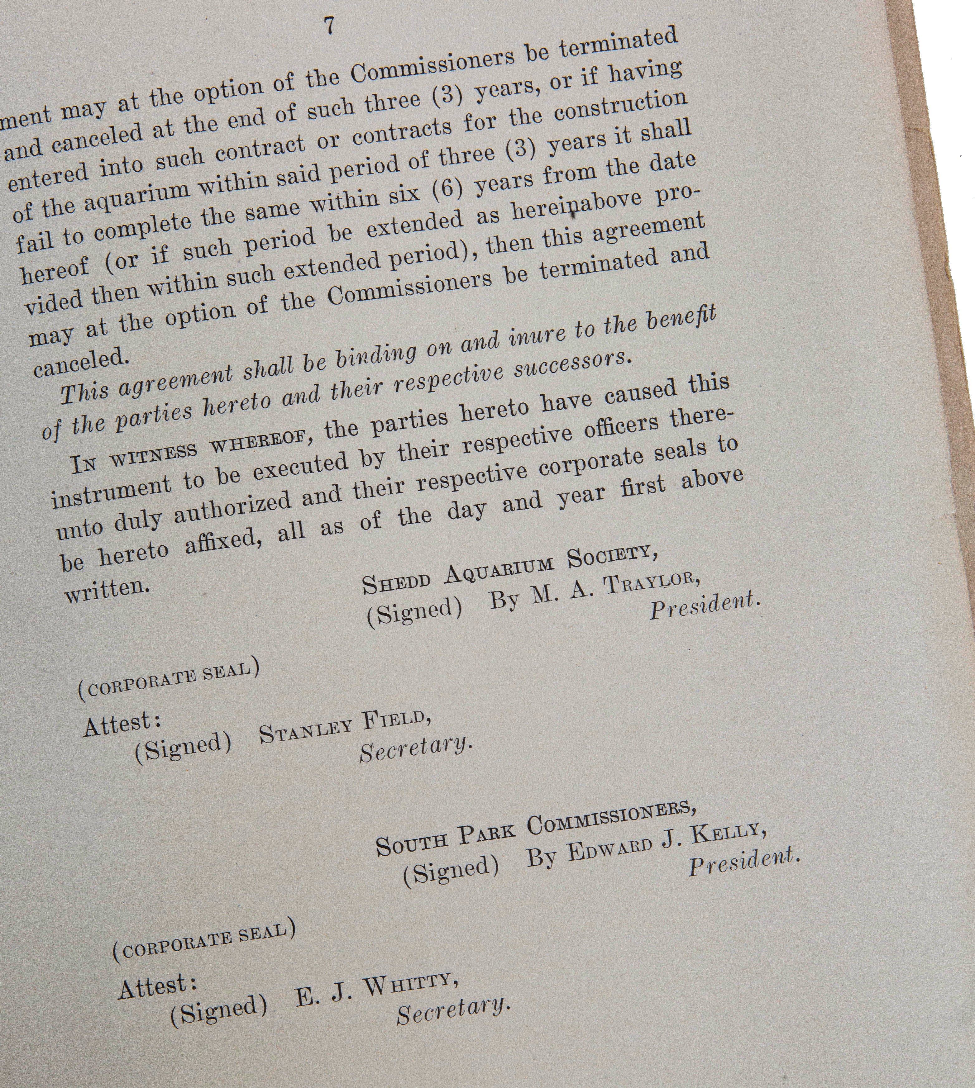 rare 1925 original agreement with fold-out blueprint between shed aquarium society and john g. shedd