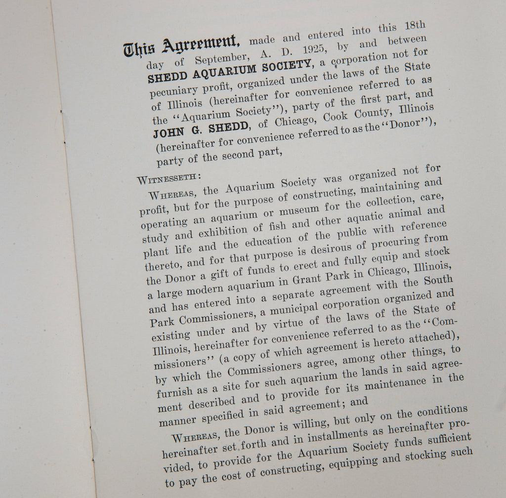 rare 1925 original agreement with fold-out blueprint between shed aquarium society and john g. shedd
