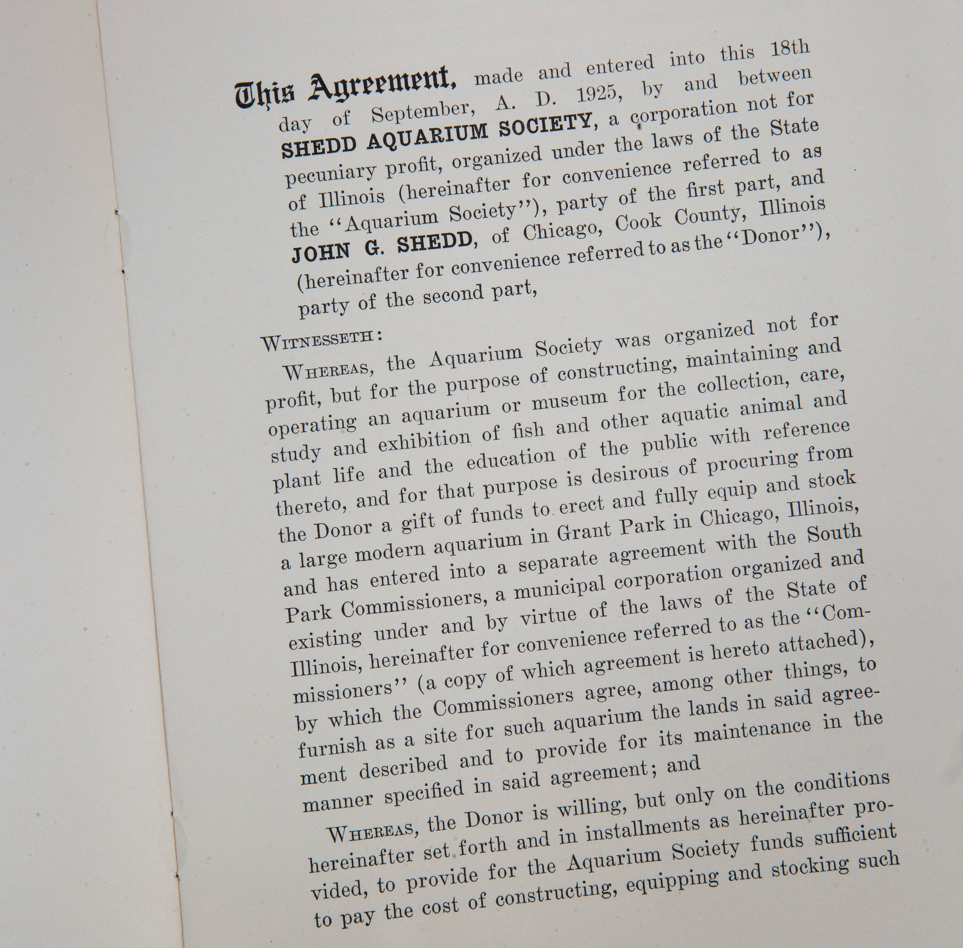 rare 1925 original agreement with fold-out blueprint between shed aquarium society and john g. shedd