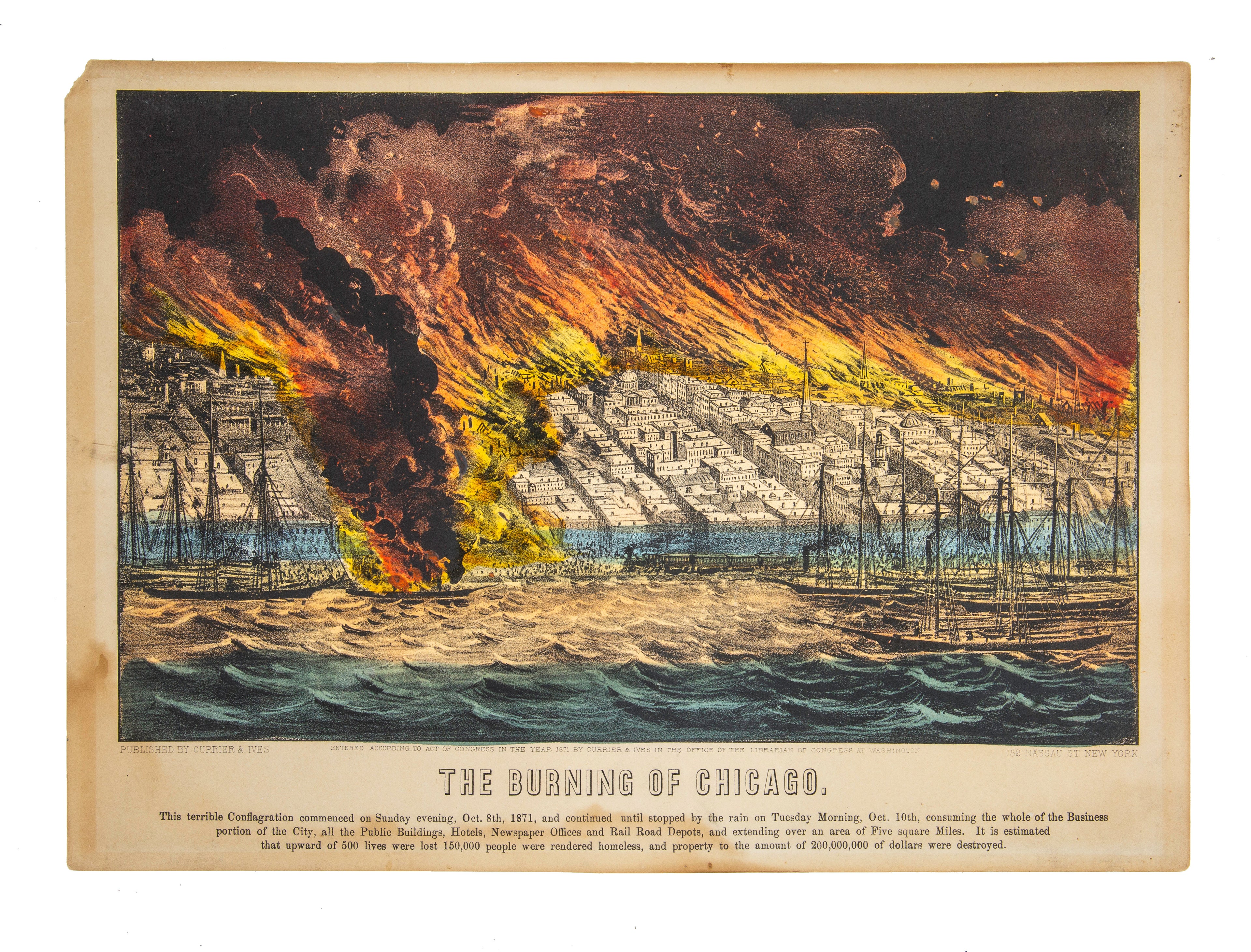 original 1871 currier and ives "burning of chicago" hand-colored lithogrpahic print