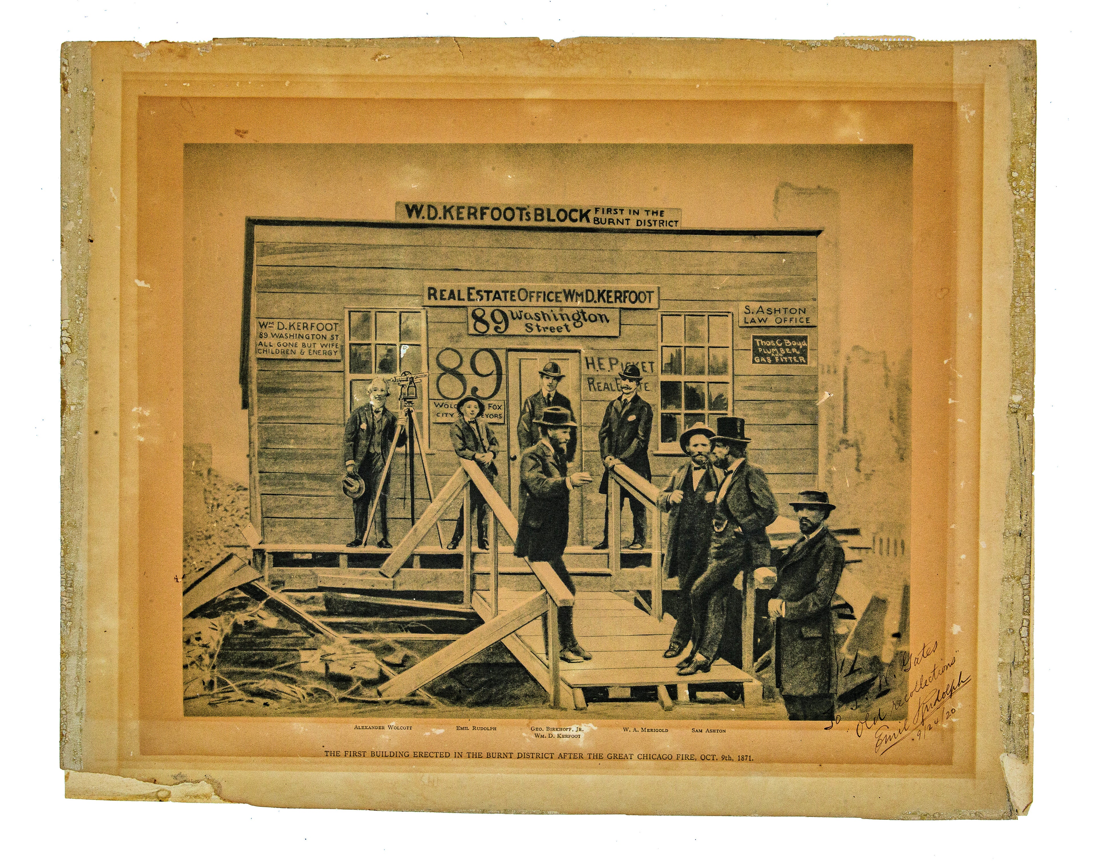 lithographic print of the w.d. kerfoot realty company building signed and dated by emil rudolph to his friend john “bet-a-million” gates