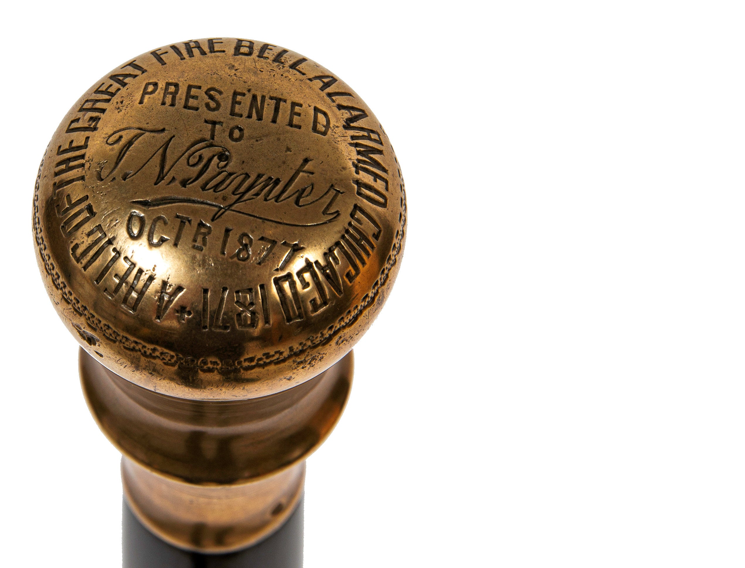 museum quality 1871 great chicago fire city hall bell fire relic presentation walking cane