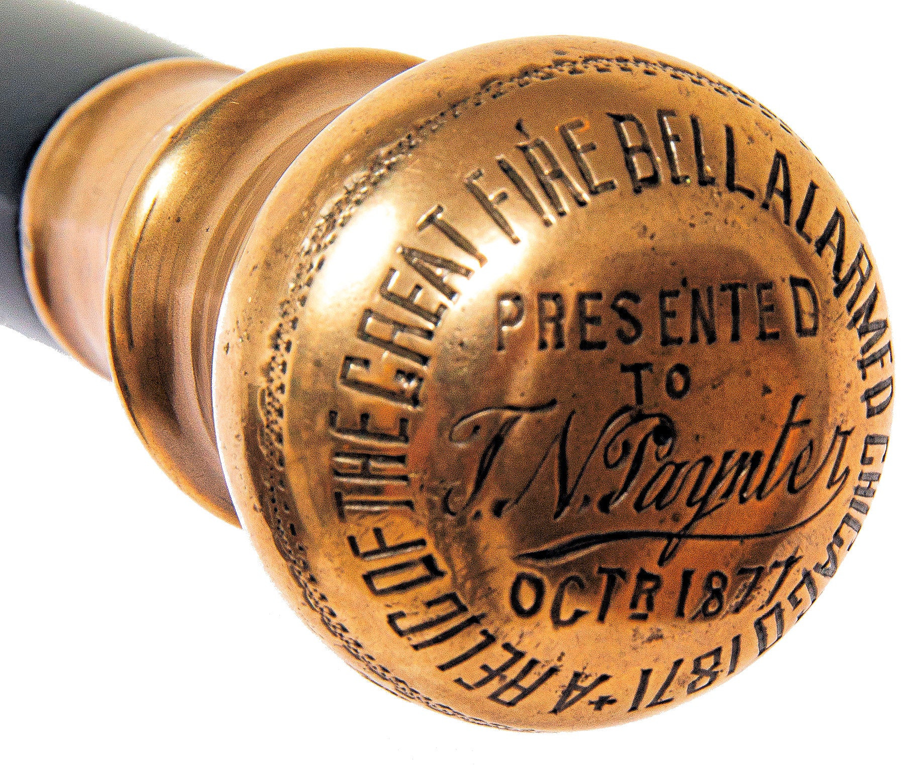 museum quality 1871 great chicago fire city hall bell fire relic presentation walking cane
