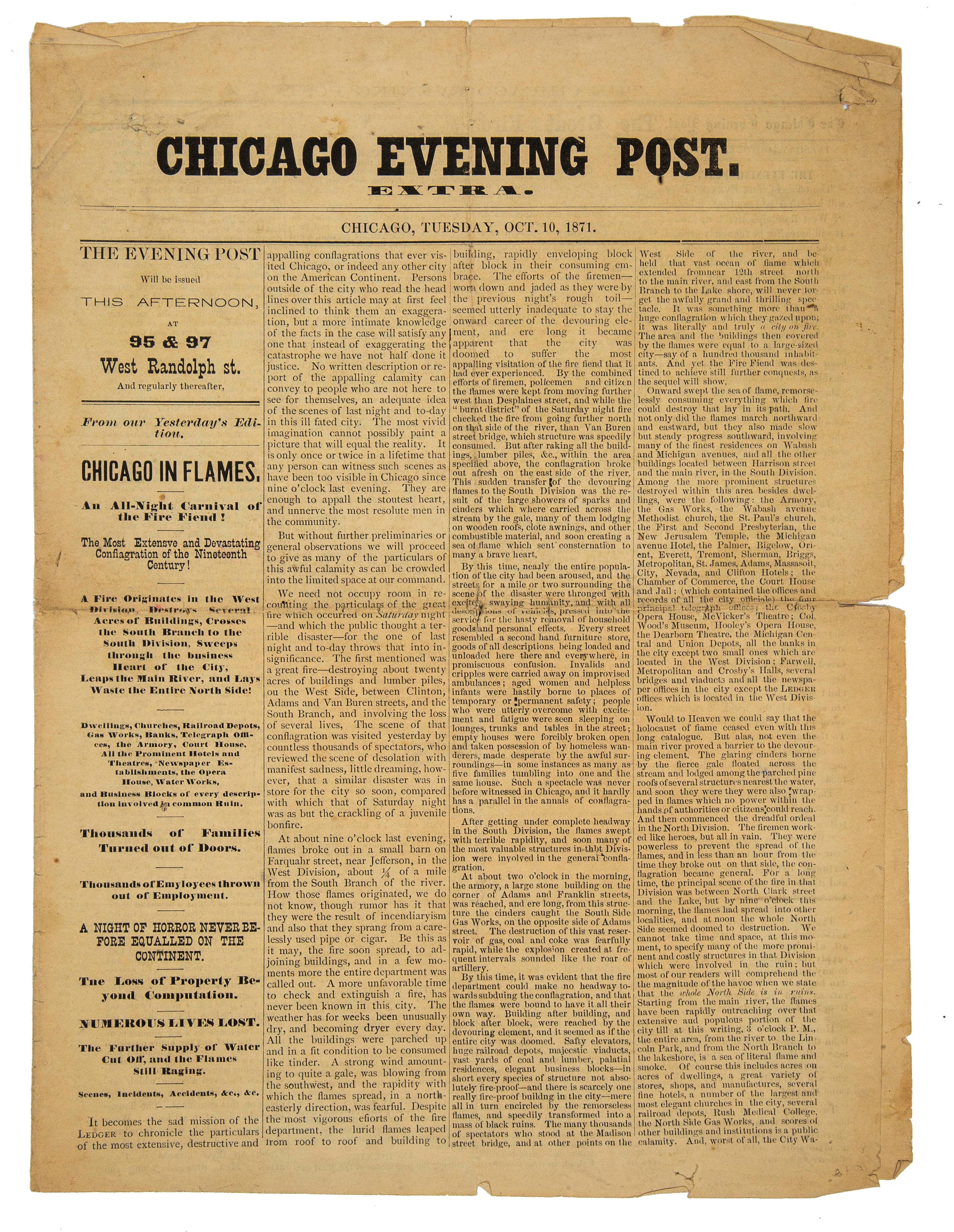 original october 10th, 1871 chicago evening post extra covering the great chicago fire of 1871