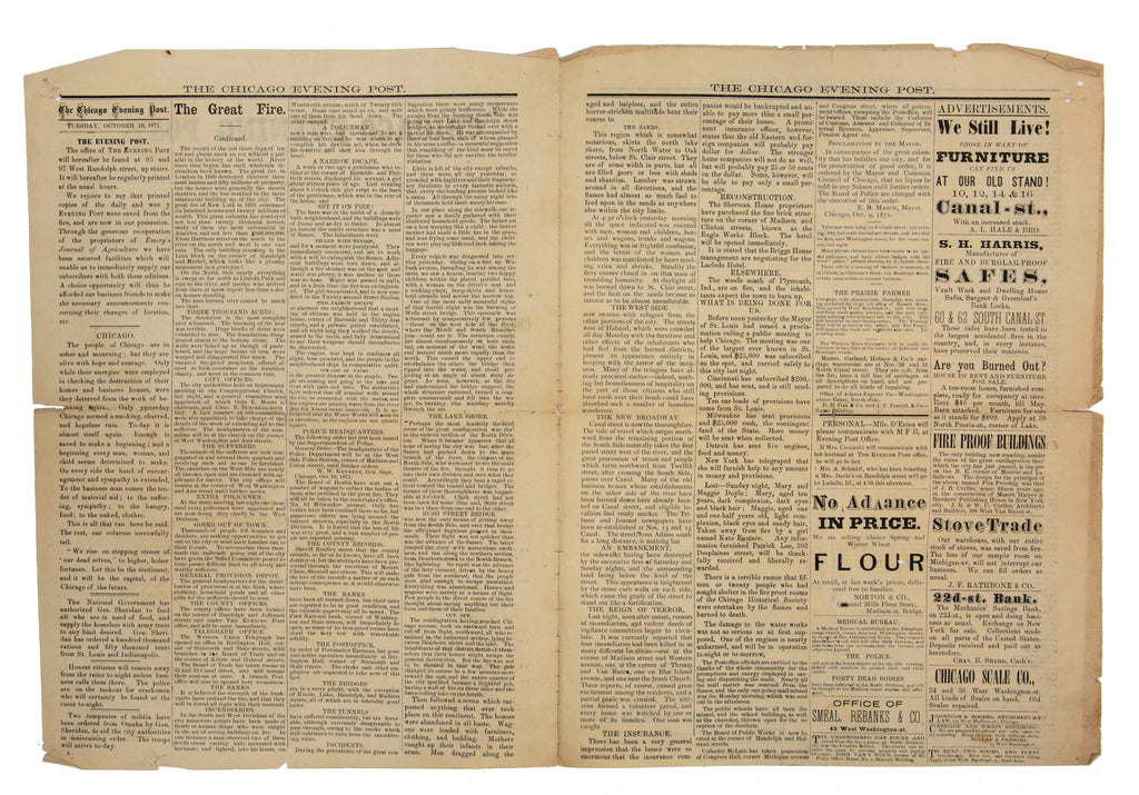 original october 10th, 1871 chicago evening post extra covering the great chicago fire of 1871