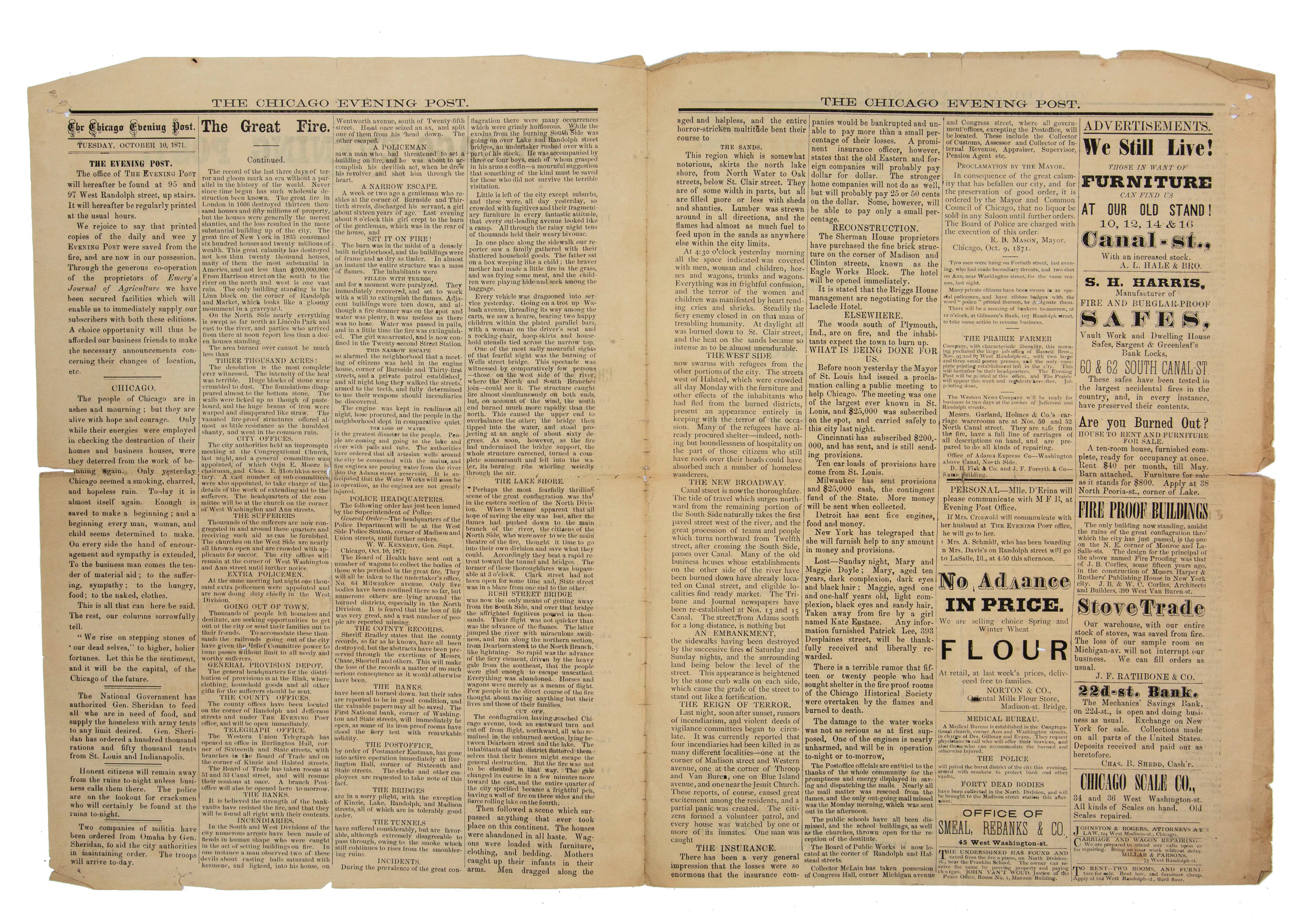 original october 10th, 1871 chicago evening post extra covering the great chicago fire of 1871