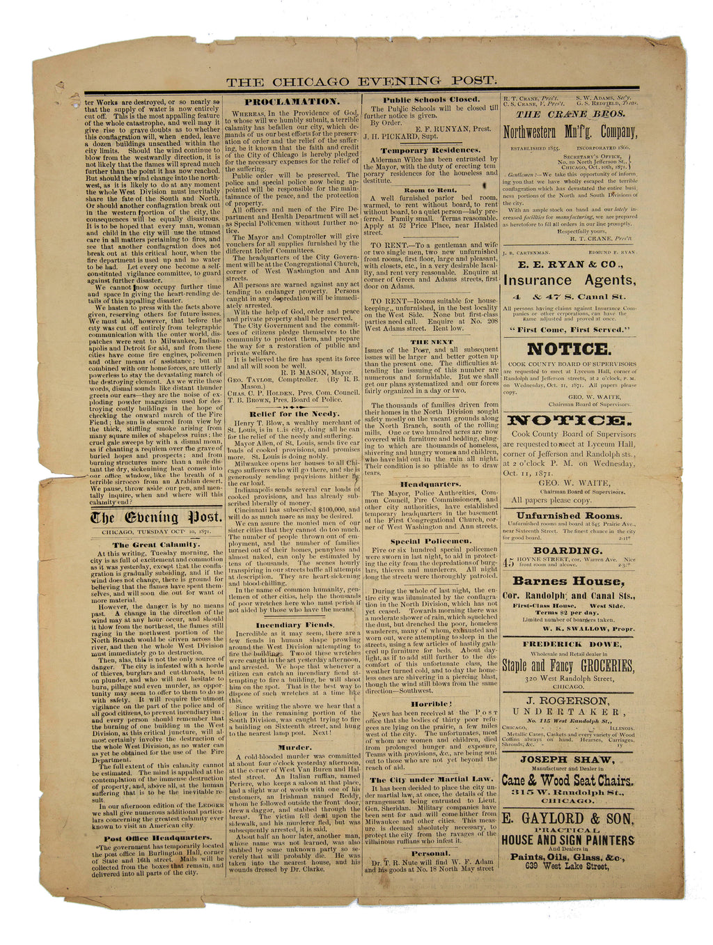 original october 10th, 1871 chicago evening post extra covering the great chicago fire of 1871