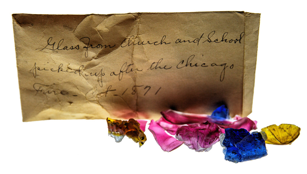 glass fragments salvaged as souvenirs from a "church and school" in the burned district around the time of the great chicago fire of 1871