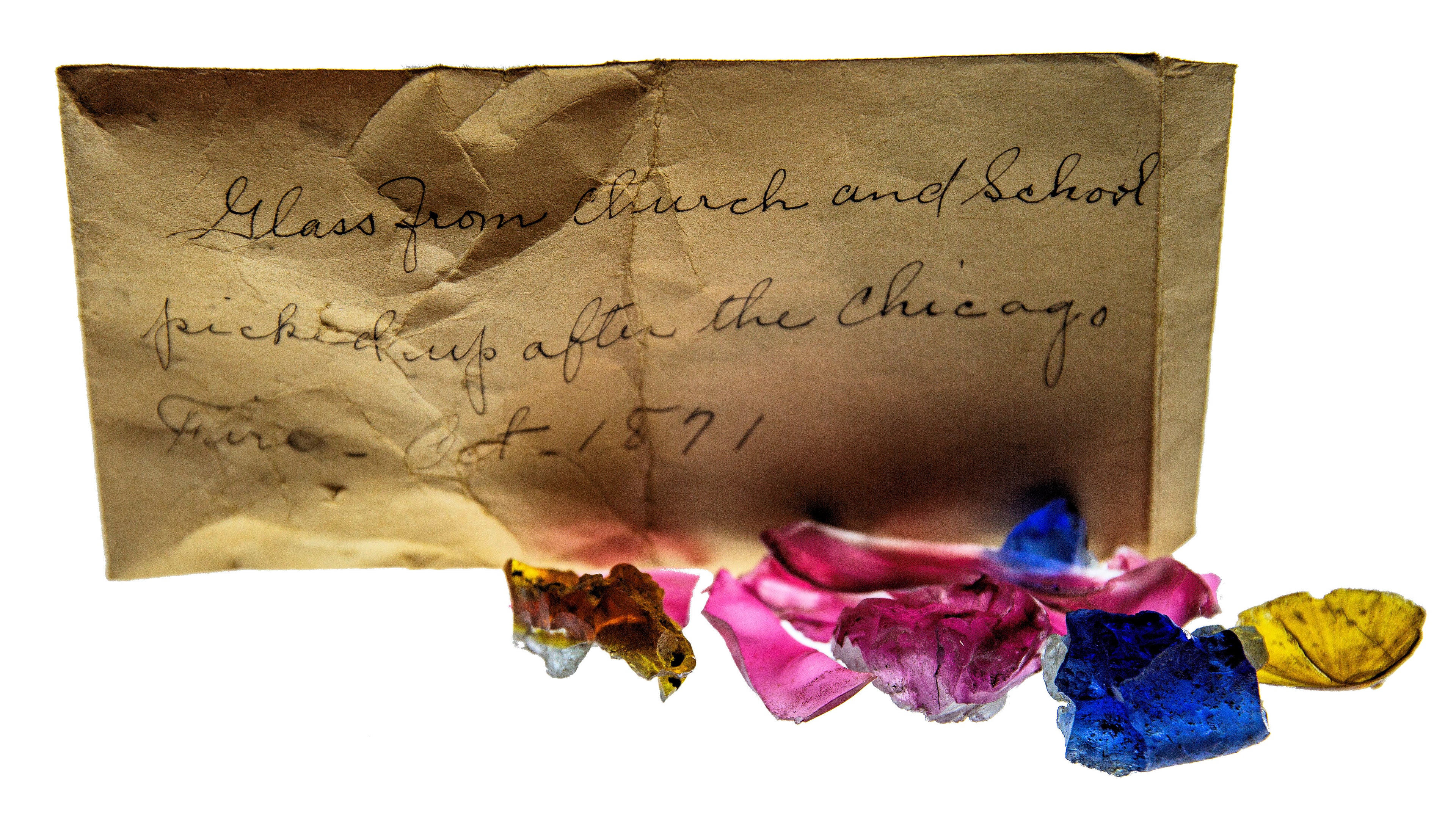 glass fragments salvaged as souvenirs from a "church and school" in the burned district around the time of the great chicago fire of 1871