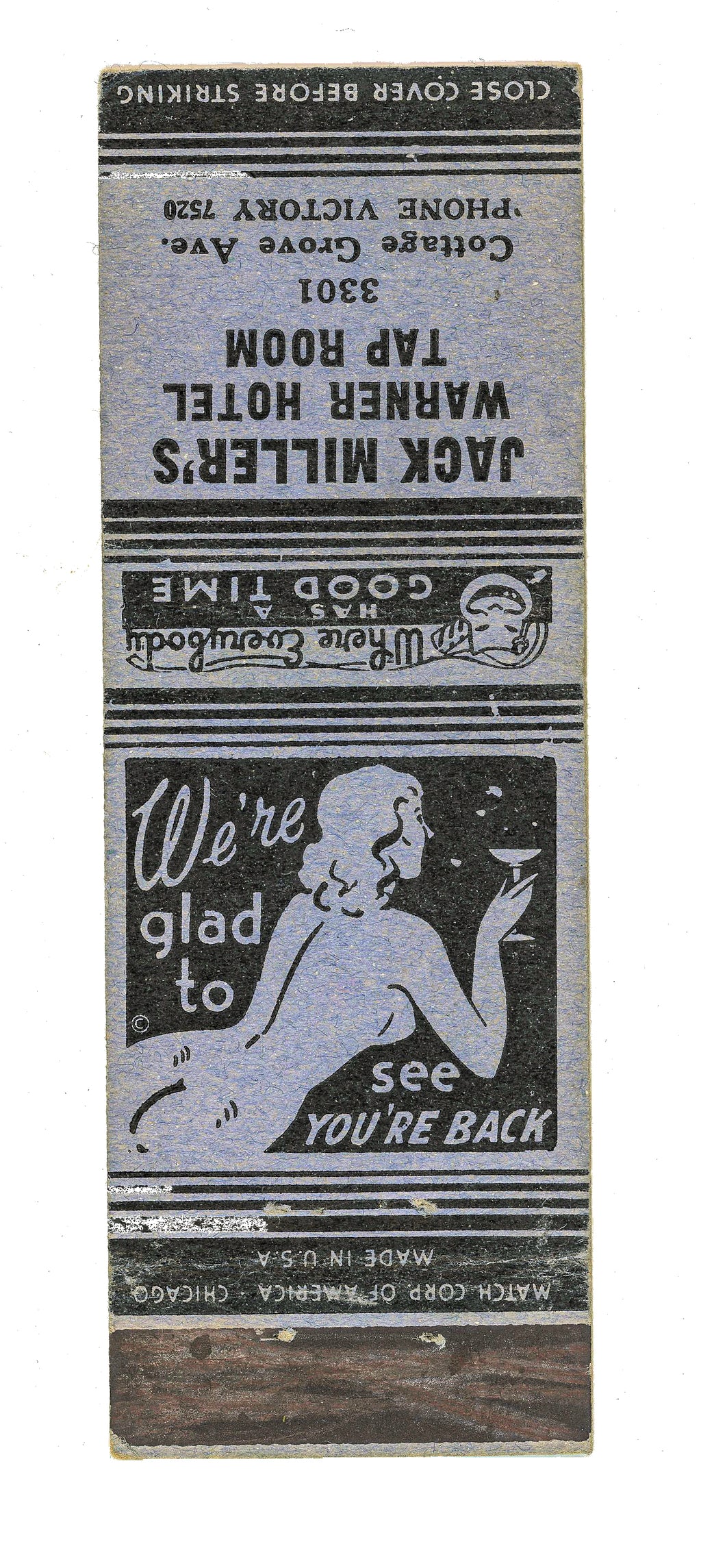 original 1930s-40s matchbook cover from the warner hotel tap room, located at 3301 cottage grove avenue, chicago, il.