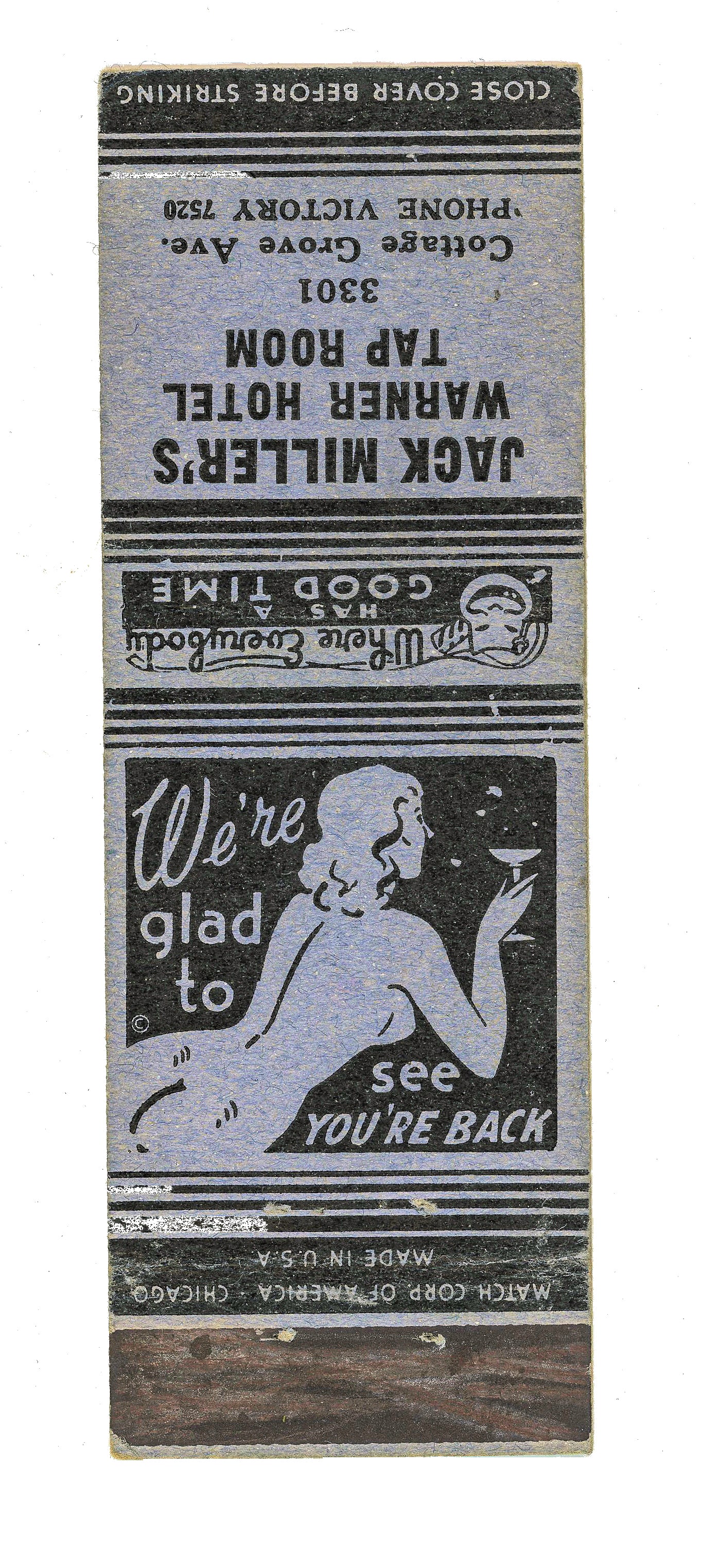 original 1930s-40s matchbook cover from the warner hotel tap room, located at 3301 cottage grove avenue, chicago, il.
