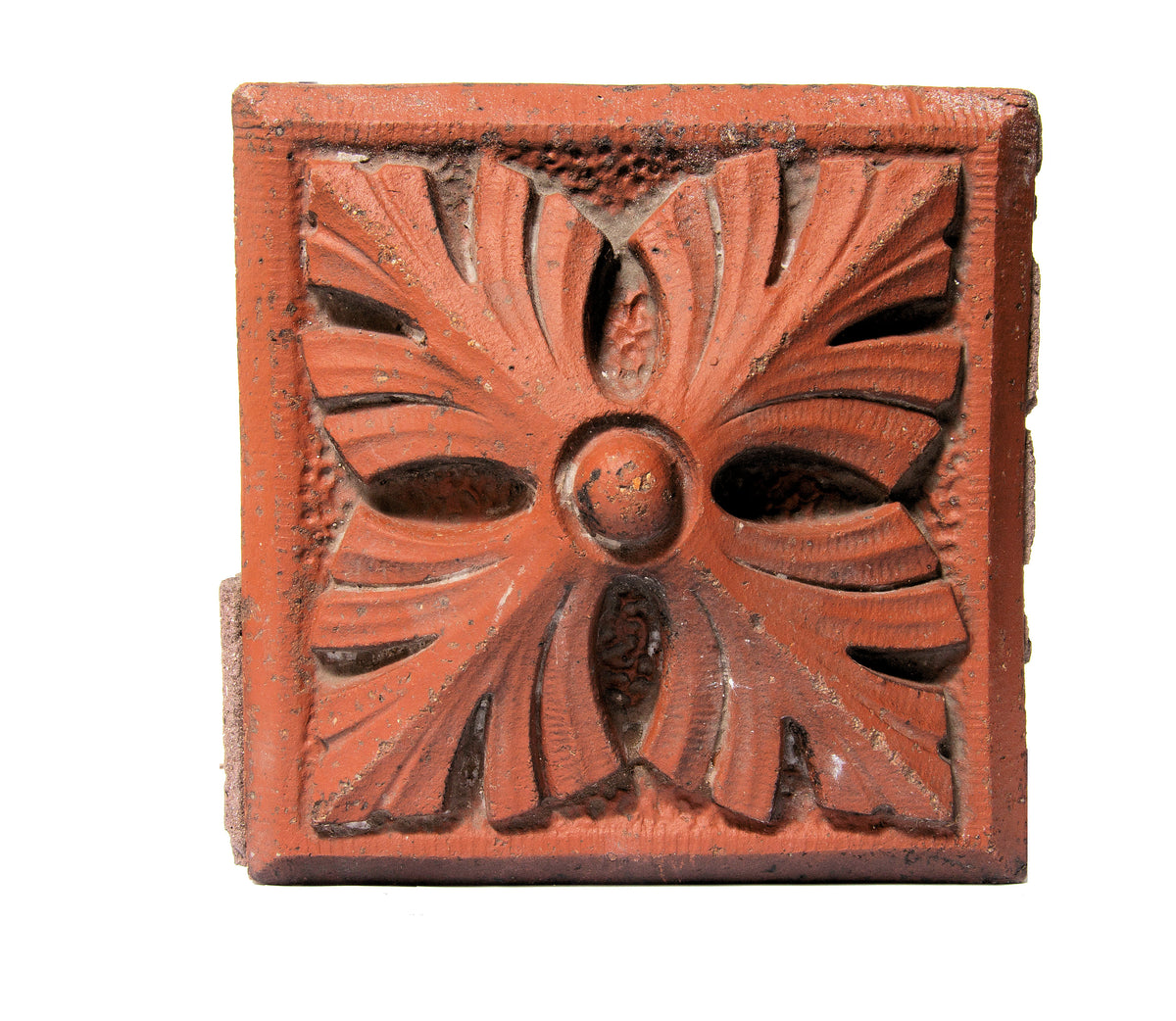 group of four 1880s red slip-glazed ornamental terra cotta blocks salvaged from la crosse, wisc. post office demolished in 1965