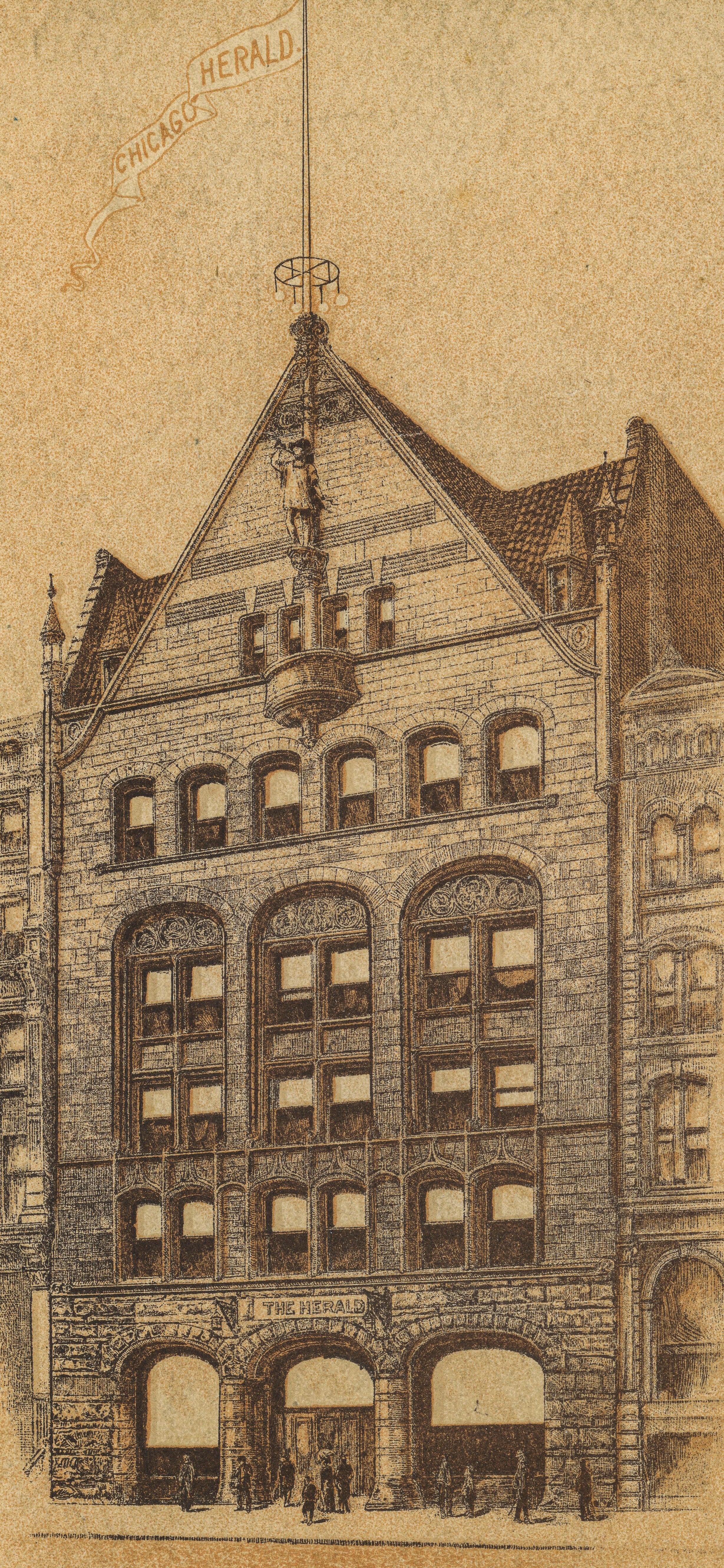 lithograph of chicago herald building, also known as the andrews building, stood at 161–165 west washington street in chicago, il. designed by the burnham & root in 1891