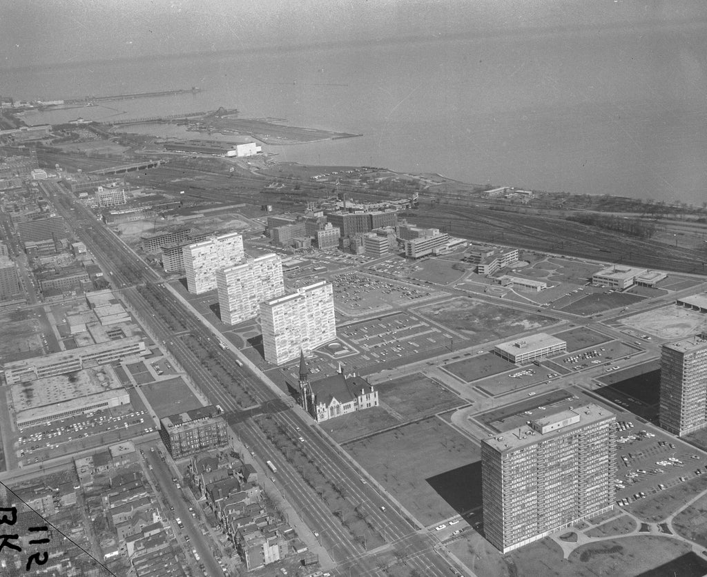 group of reprint photographic images of michael reese hospital as it appeared in 1960