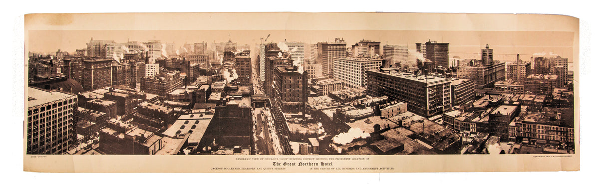 1911 panoramic lithographic souvenir depicting downtown chicago, viewed from burnham and root’s 16-story great northern hotel
