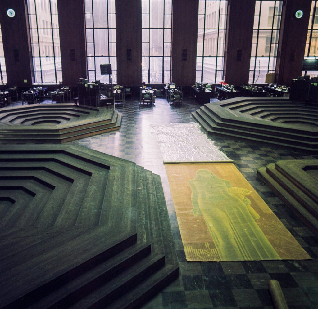 original holabird and root-designed streamlined style nickel-plated chicago board of trade building doorknob and backplate