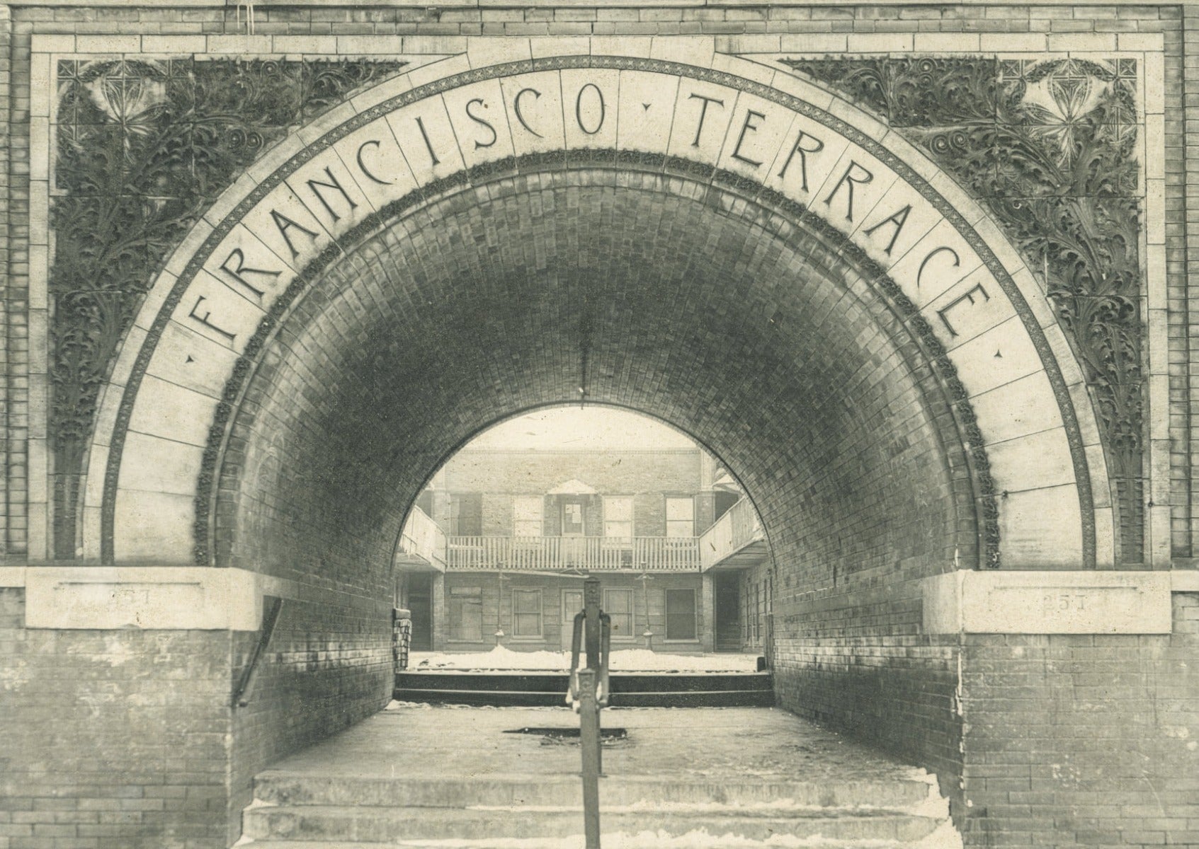 original frank lloyd wright-designed 1895 exterior francisco terrace buff-colored terra cotta cornice fragment with weathered finish