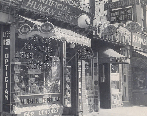 very unusual one-of-a-kind early 20th century single-sided exterior storefront "come see" optometrist trade sign