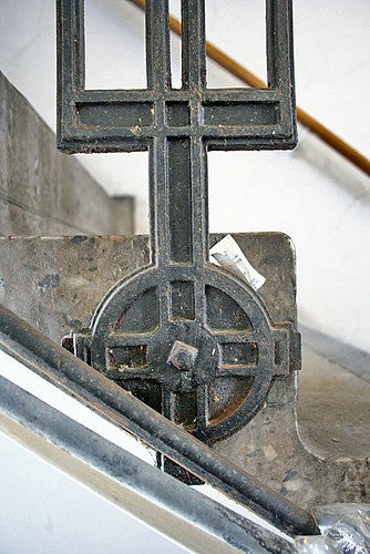 c. early 20th century ornamental cast iron prairie school style michael reese hospital interior angled staircase baluster with brushed metal finish