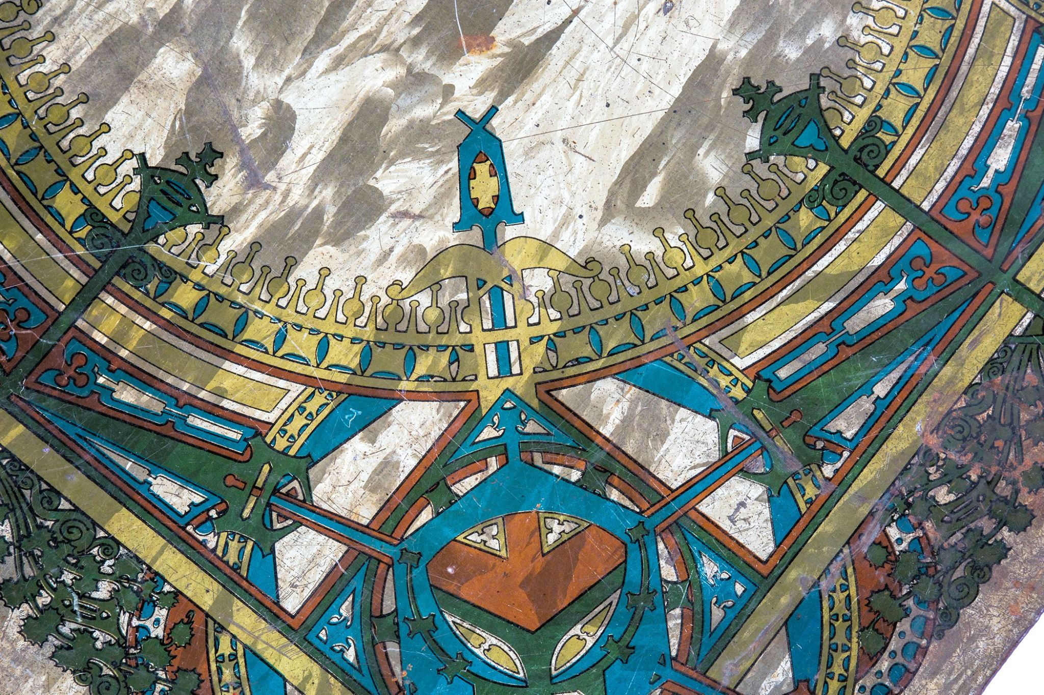 museum quality c. 1920 louis sullivan-designed polychromatic lithographed steel single-sided stove board with a structurally sound wood board core