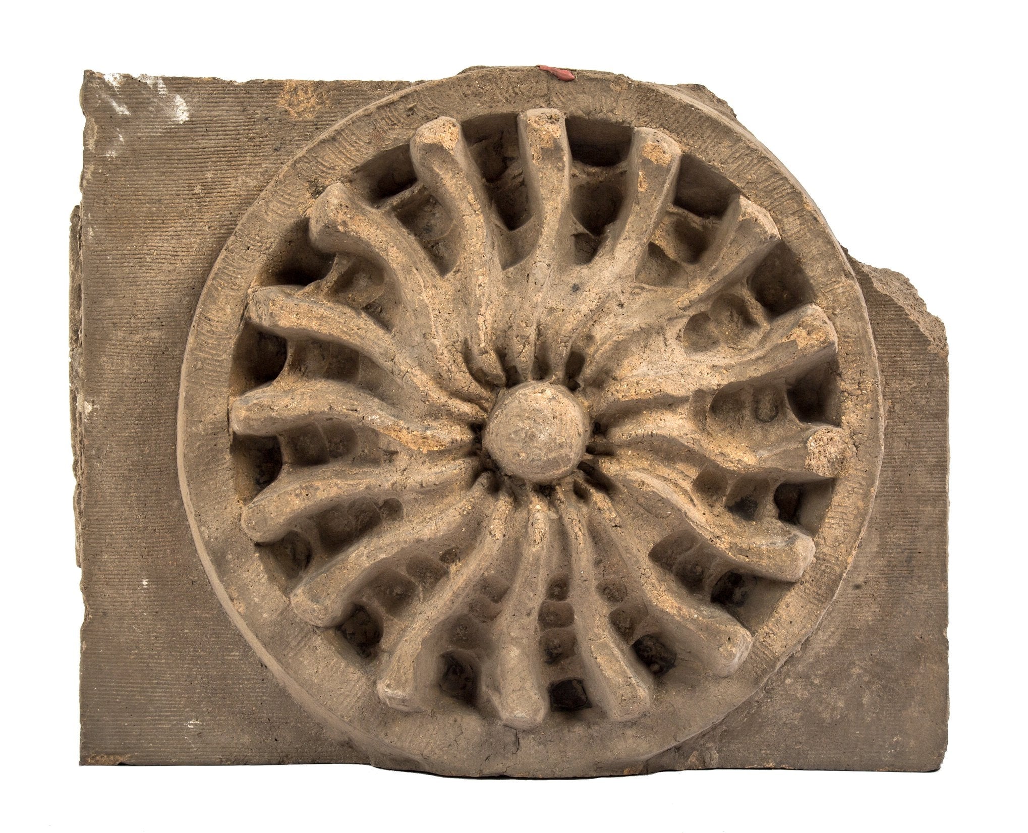 historically important 1891 schiller building or garrick theater exterior buff-colored terra cotta panel featuring a centrally located wheel motif with deep undercuts