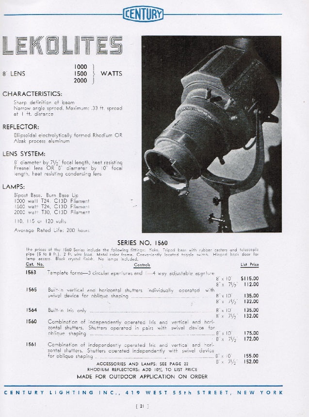 highly detailed all original c. 1937 century lighting inc lighting for theatres, motion pictures, photo studios catalog