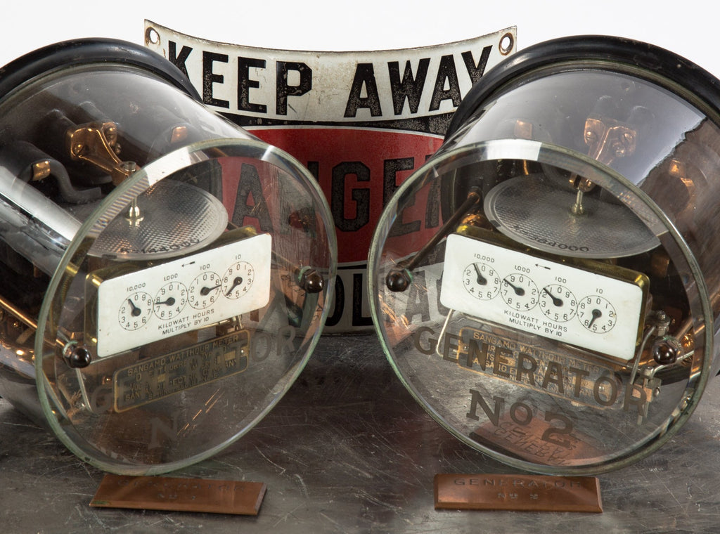 museum quality original and completely intact type d "generator 1" beveled and etched glass encased sangamo watthour meter from commercial building switchboard