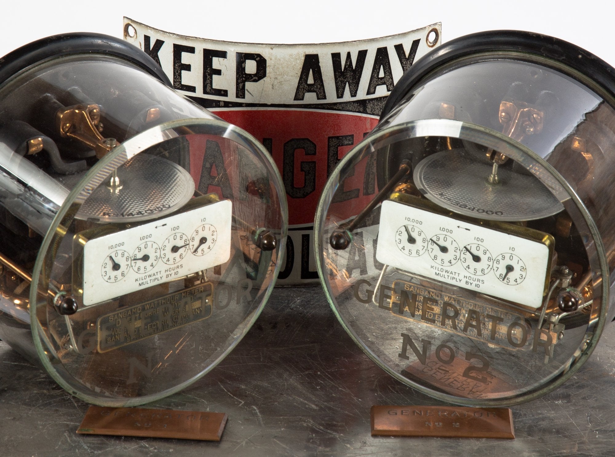 museum quality original and completely intact type d "generator 1" beveled and etched glass encased sangamo watthour meter from commercial building switchboard