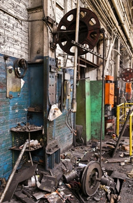 original brightly colored single-sided american industrial finkl foundry cautionary "space must be kept clear" interior flush mount sign with surface wear evident