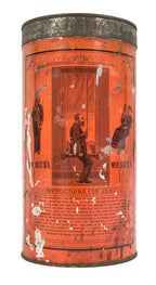 all original rare late 19th century "lee portable fire-escape" lithographed enamel tin metal hotel room canister with intact contents