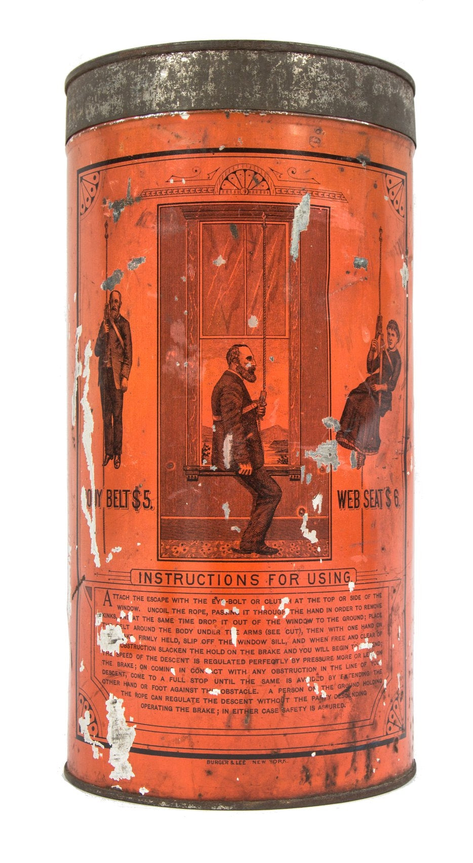 all original rare late 19th century "lee portable fire-escape" lithographed enamel tin metal hotel room canister with intact contents