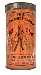 all original rare late 19th century "lee portable fire-escape" lithographed enamel tin metal hotel room canister with intact contents