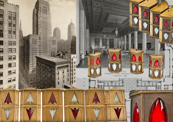 two matching original historically important interior national-foreman bank building lobby elevator indicators