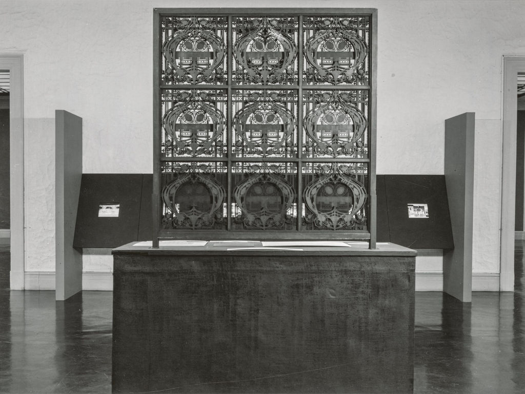museum quality original george grant elmslie-designed five-ply mahogany wood screen module salvaged from louis h. sullivan's schlesinger & mayer department store