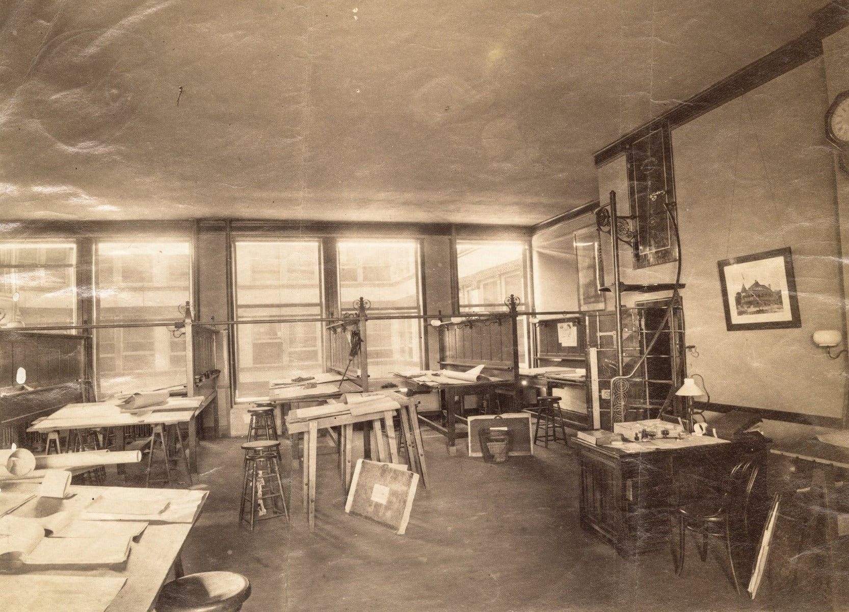 original museum-quality historically important rookery building lobby skylight secitional plan on linen and ink