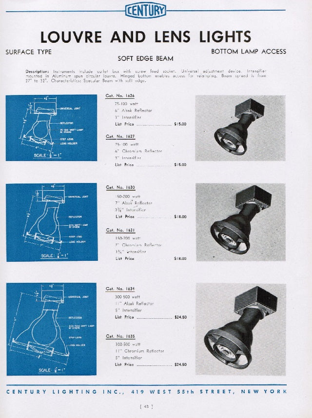 highly detailed all original c. 1937 century lighting inc lighting for theatres, motion pictures, photo studios catalog