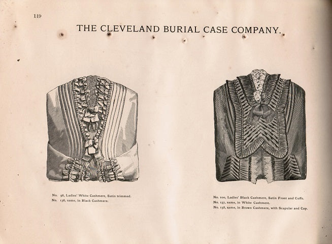 unusual and profusely illustraated early 20th century cleveland burial case company undertakers' product catalog featuring burial clothing, hardware and caskets