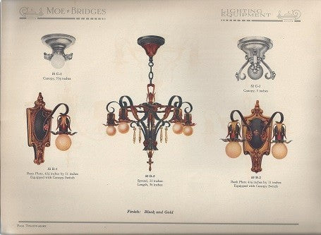 pair of all original c. 1920's antique american chicago bungalow interior residential moe-bridges ornamental cast iron wall sconces with original metallic gold-plated finish