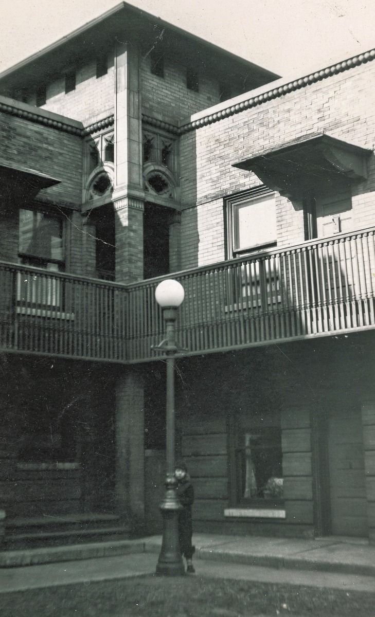pair of historically important frank lloyd wright-designed yellow pine wood francisco terrace (1895) exterior stair railing spindles