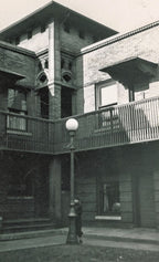 pair of historically important frank lloyd wright-designed yellow pine wood francisco terrace (1895) exterior stair railing spindles