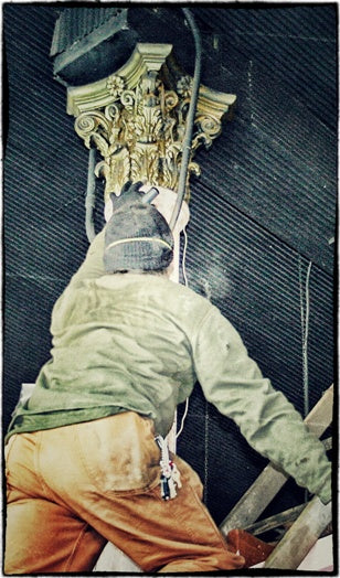 remarkable mid-1870's original and intact interior chicago commercial building corinthian style refinished cast iron capital with original oak wood post segment