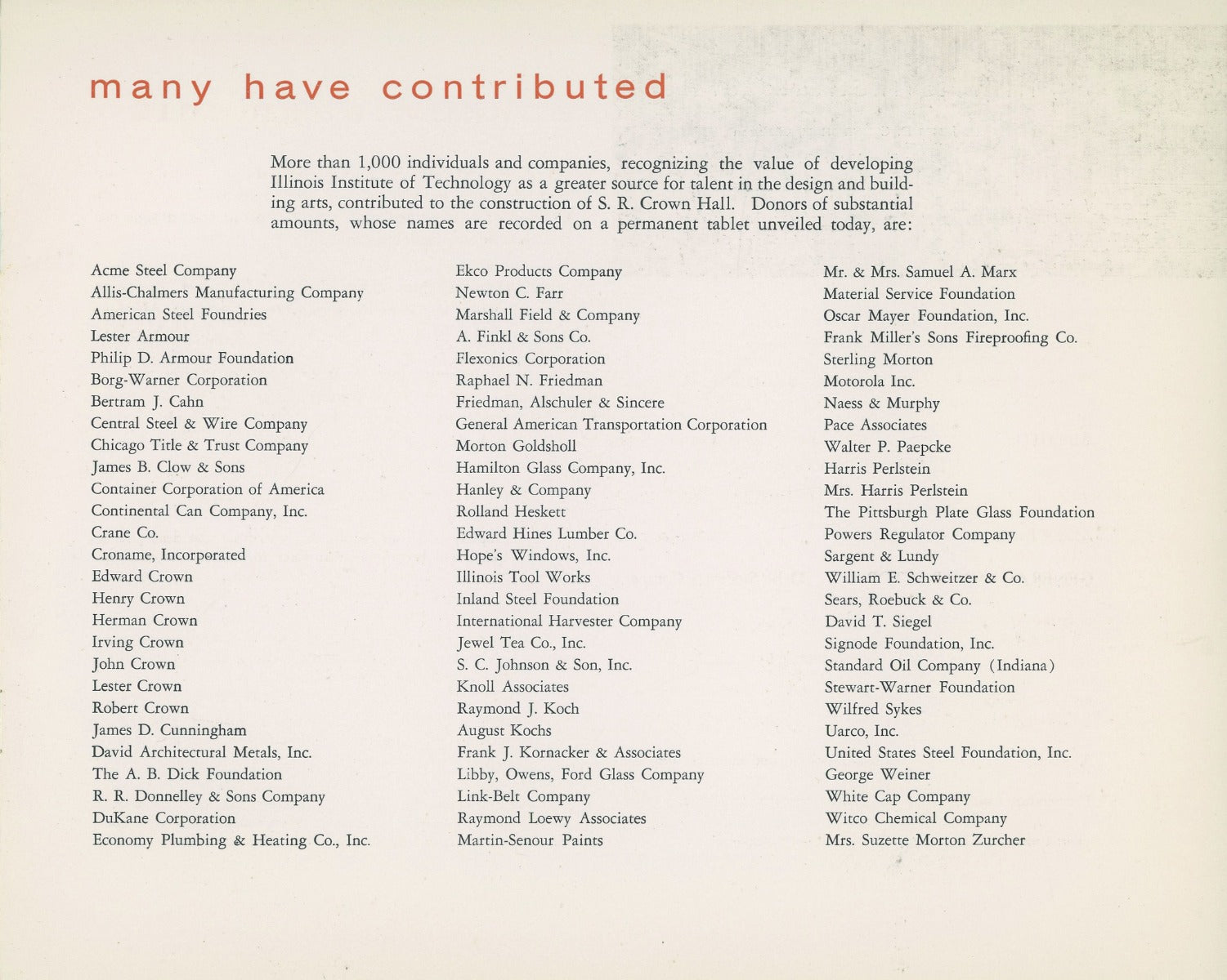 rare original s.r. crown hall dedication program booklet  issued to those attending the ceremony held on april 30th, 1956