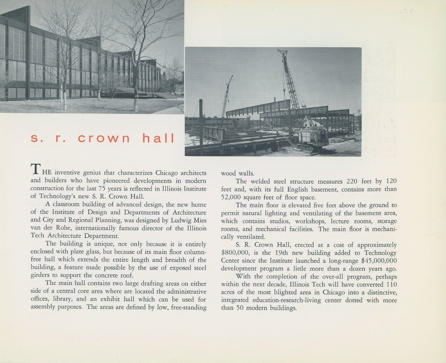 rare original s.r. crown hall dedication program booklet  issued to those attending the ceremony held on april 30th, 1956