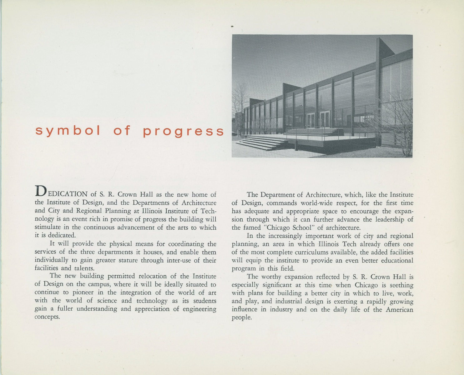 rare original s.r. crown hall dedication program booklet  issued to those attending the ceremony held on april 30th, 1956