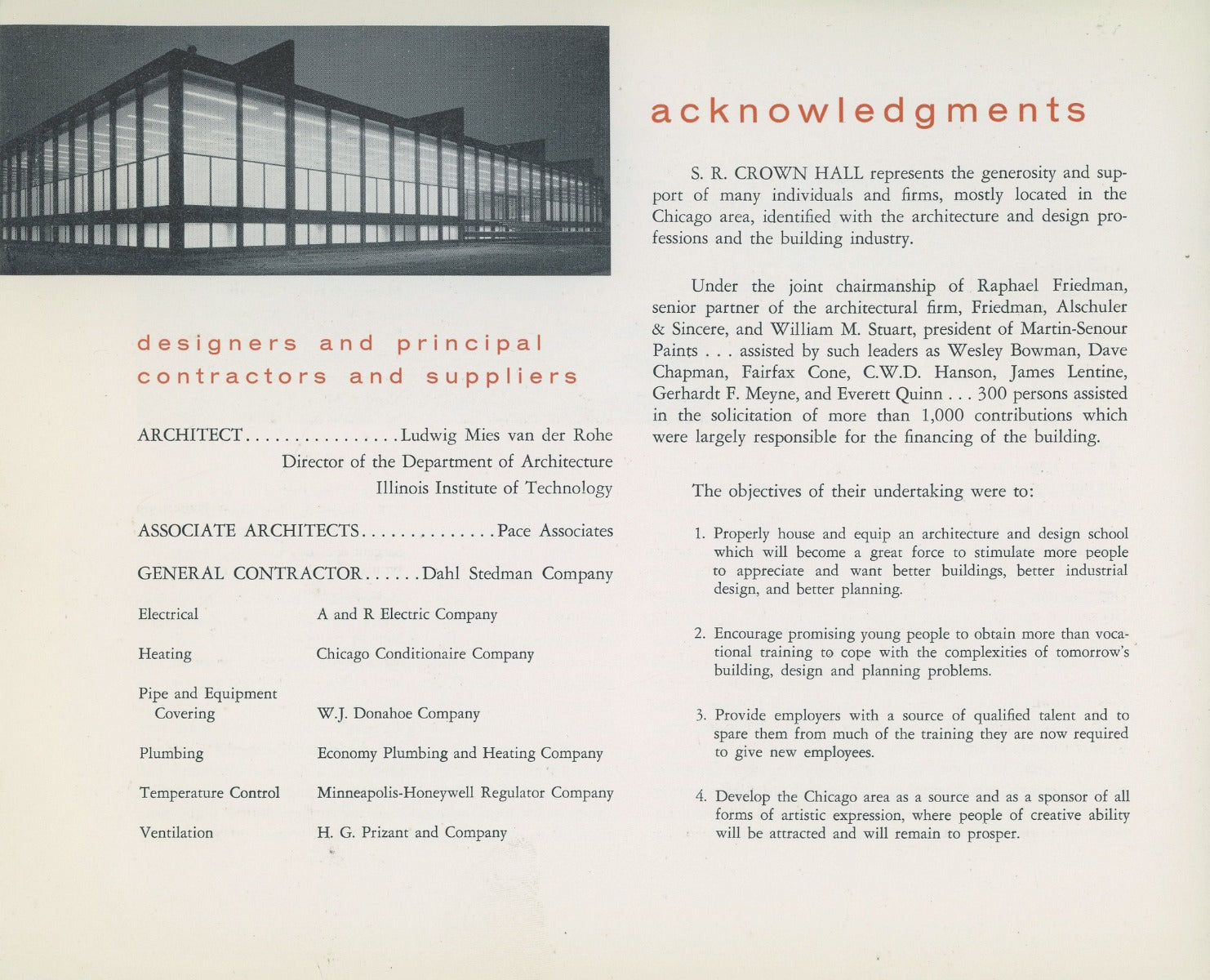rare original s.r. crown hall dedication program booklet  issued to those attending the ceremony held on april 30th, 1956
