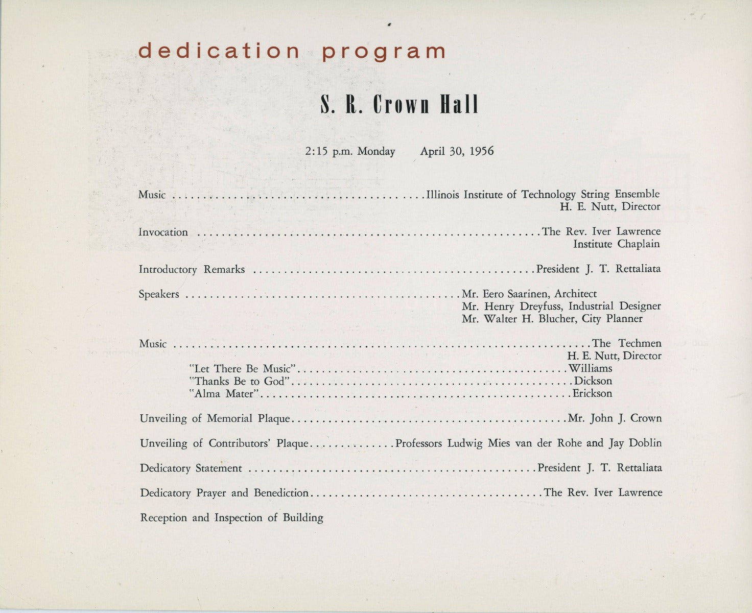 rare original s.r. crown hall dedication program booklet  issued to those attending the ceremony held on april 30th, 1956