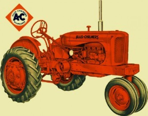 original c. 1940's american depression era wpa hand-crafted four-wheel folk art painted wood farm tractor with an allover bright red crazed finish